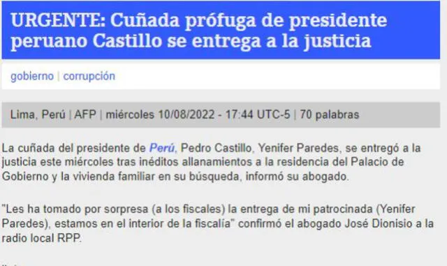 Información reflejada por AFP sobre la entrega de Yenifer Paredes a las autoridades peruanas. Foto: captura web