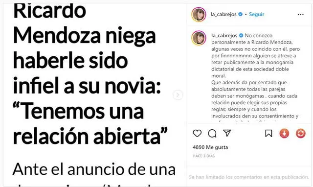 Publicación de Mónica Cabrejos. Foto: captura/Instagram 