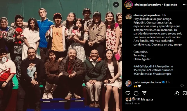 Efraín Aguilar a Felpudini: "Tu partida deja un vacío, pero sé que solo nos llevas la delantera en este camino". Foto: Instagram   