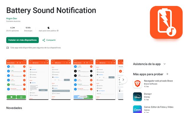 Algunas apps te avisan cuando la batería cargó por completo. Foto: captura de Play Store Algunas apps te avisan cuando la batería cargó por completo. Foto: captura de Play Store