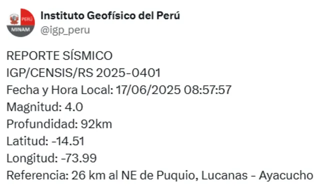 Sismo en Ayacucho. Foto: IGP   