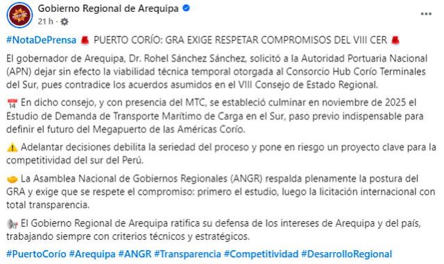 Comunicado del Gobierno Regional de Arequipa sobre viabilidad técnica de Corío   
