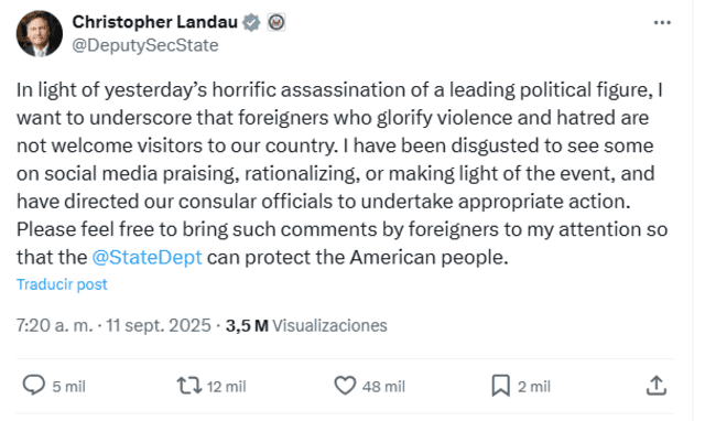  Publicación de Christopher Landau sobre la muerte de Charlie Kirk. Fuente: X   