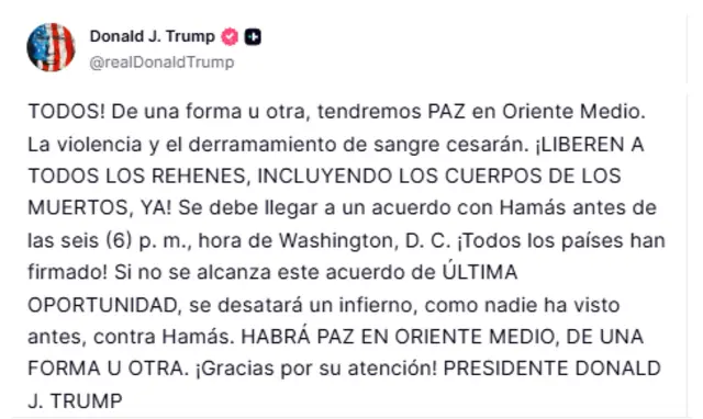Publicación de Trump en Truth Social.    