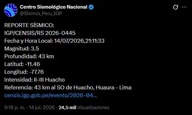 Sismo se registró la noche de este 14 de julio en Lima, según IGP Sismo se registró la noche de este 14 de julio en Lima, según IGP