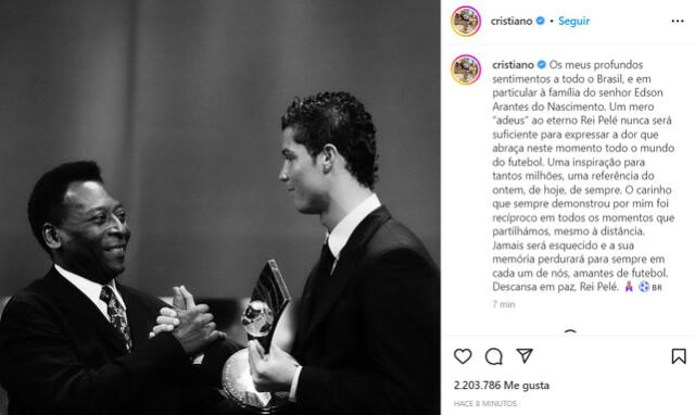 Cristiano Ronaldo usó sus redes sociales para enviar un sentido mensaje. Foto: Instagram