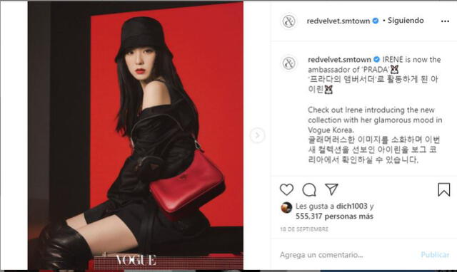 Post de Irene para Vogue. Foto: Captura Instagram