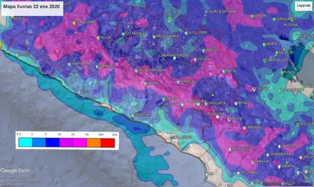 Las zonas en color rosado presentaran acumulados de lluvias de 10 litros por metro cuadrado diario.