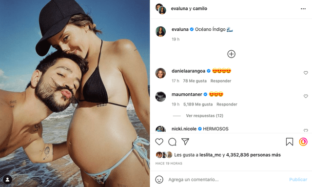 Evaluna Montaner posa junto con Camilo en tierna fotografía y muestra su avanzado embarazo