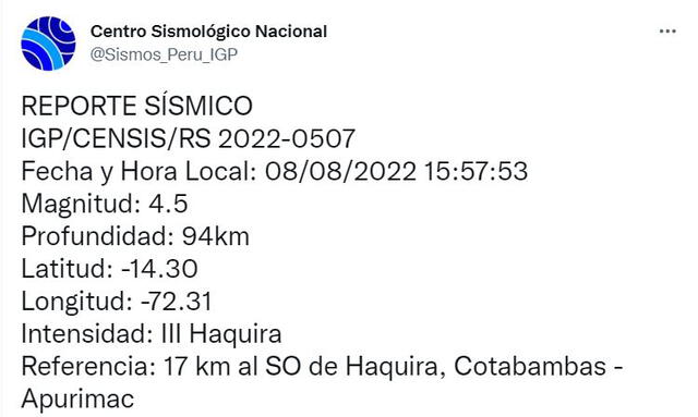 Datos del sismo en Apurímac. Foto: captura Twitter IGP