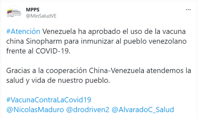 Tuit del Ministerio de Salud de Venezuela. Foto: Captura de Twitter
