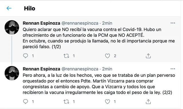 Tuits de congresista Espinoza.