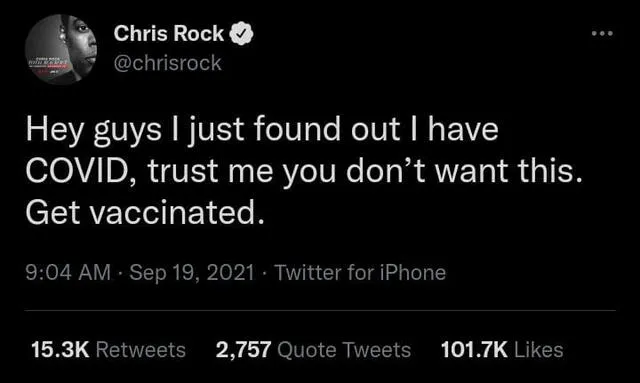 Chris Rock revela que tiene COVID-19. Foto: Chris Rock/ Twitter