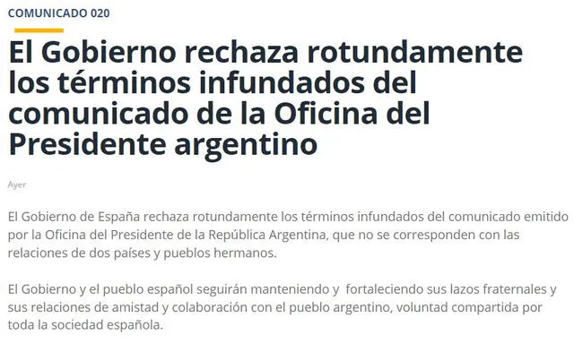 El comunicado se publicó en respuesta a declaraciones realizadas por la presidencia argentina. Foto: exteriores.gob.es El comunicado se publicó en respuesta a declaraciones realizadas por la presidencia argentina. Foto: exteriores.gob.es