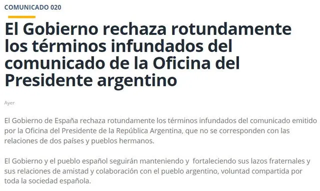 El comunicado se publicó en respuesta a declaraciones realizadas por la presidencia argentina. Foto: exteriores.gob.es   