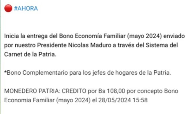 Anuncio del Bono Economía Familiar de mayo 2024. Foto: Canal Patria Digital   