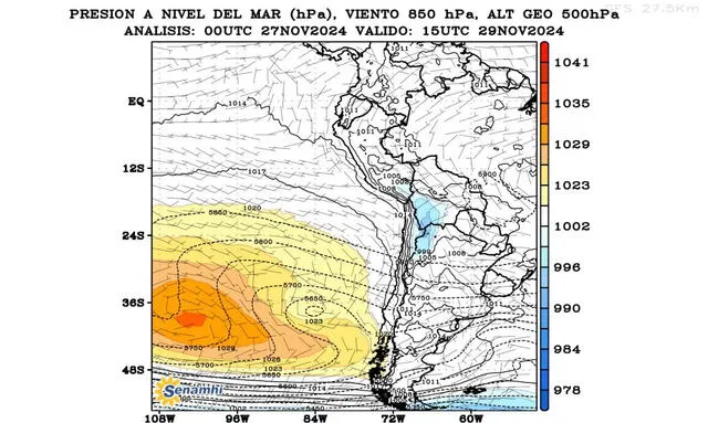 Impacto del Anticiclón del Pacífico Sur desde el 29 de noviembre. Foto: Senamhi/X   