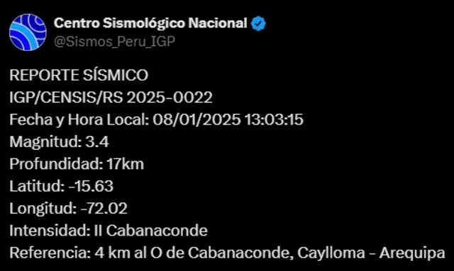 Así se registró el segundo sismo en Caylloma, Arequipa. Foto: IGP   