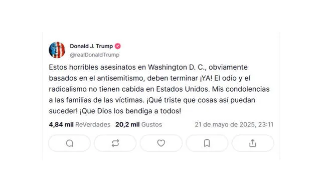 Donald Trump condenó el ataque a la embajada de Israel en Washington, solicitando poner fin al "odio" en el país. Donald Trump condenó el ataque a la embajada de Israel en Washington, solicitando poner fin al "odio" en el país.