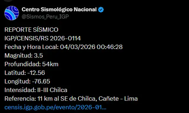 Temblor de magnitud 3,5 se registró en Lima. Foto: IGP Temblor de magnitud 3,5 se registró en Lima. Foto: IGP