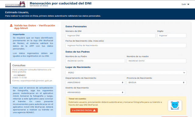 Formulario de Reniec para tramite de DNI. Foto: Reniec
