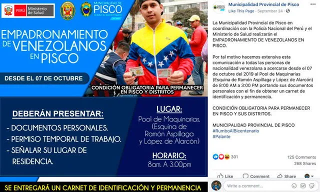 Municipalidad de Pisco realizará empadronamiento de ciudadanos venezolanos. Créditos: Twitter Diego Salazar.