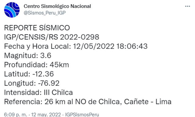 Datos del nuevo sismo. Foto: IGP