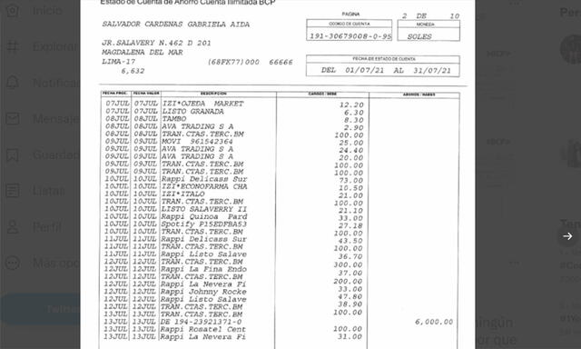 Imagen difundida por la propia Gabriela Salvador evidencia un abono de 6000 soles de la cuenta de su denunciante. Foto: Twitter