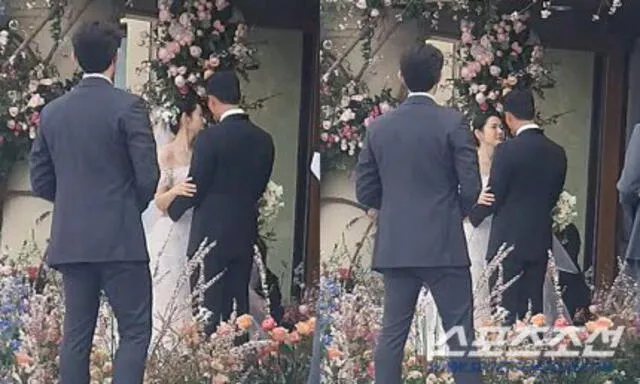 Son Ye Jin y Hyun Bin, segundos antes de compartir un beso como esposos. Foto: Sports Chosun.
