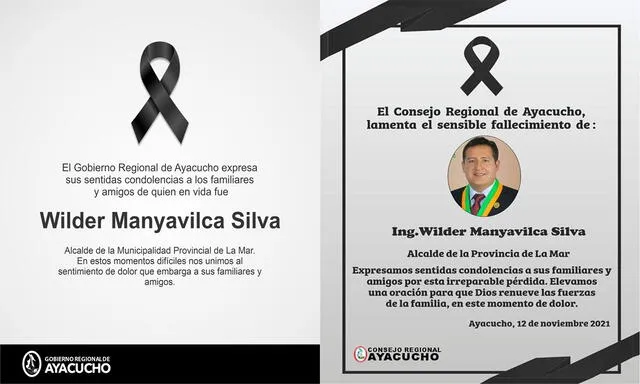 Instituciones lamentaron fallecimiento de alcalde. Fuente: GORE Ayacucho/Consejo Regional