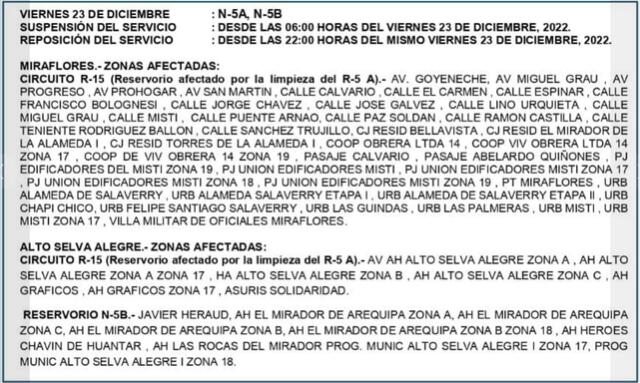 Arequipa. Sedapar programa suspensión del servicio para el viernes 23 de diciembre. Foto: Sedapar