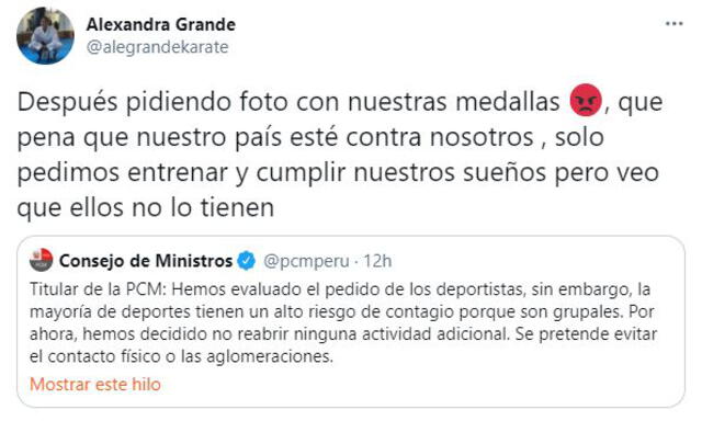 Alexandra Grande criticó las decisiones del Estado en su Twitter