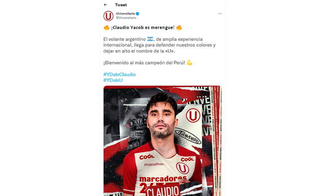 Universitario presentó a su nuevo refuerzo. Foto: captura de Twitter de Universitario