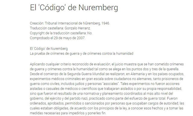 Código de Núremberg. Foto: captura en web / Universidad de Navarra.