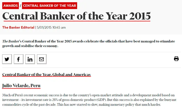  En 2015, Velarde fue elegido "Banquero Central de Año", por The Banker. Foto: captura de la web   