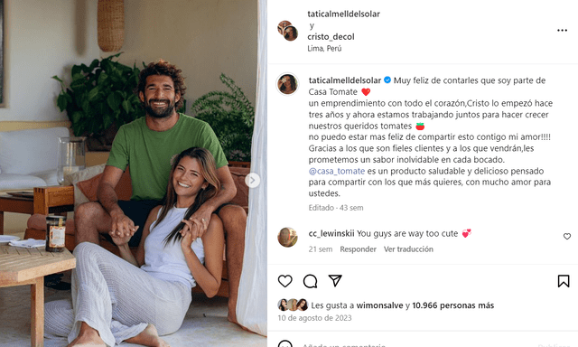 Tatiana Calmell y su novio Cristóbal de Col comparten sus mejores momentos en redes sociales. Foto: Instagram   