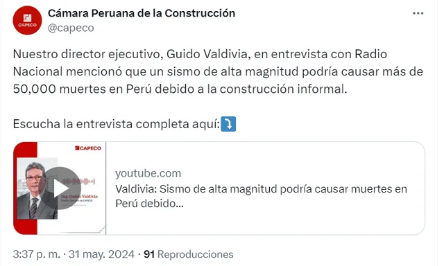  Guido Validivia señala que un terremoto podría causar más de 50.000 muertes en Perú. Foto: Twitter Cámara Peruana de Comercio.<br><br>    