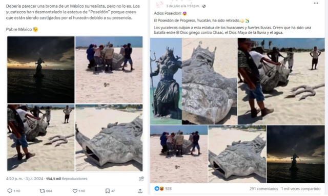 <em> Desinformación sobre la estatua de Poseidón en Yucatán. Foto: captura de X / Facebook</em>   