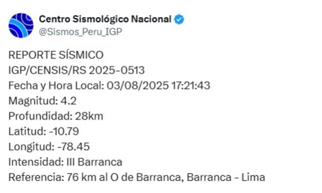 Reporte de sismo en Barranca. Foto: IGP Reporte de sismo en Barranca. Foto: IGP