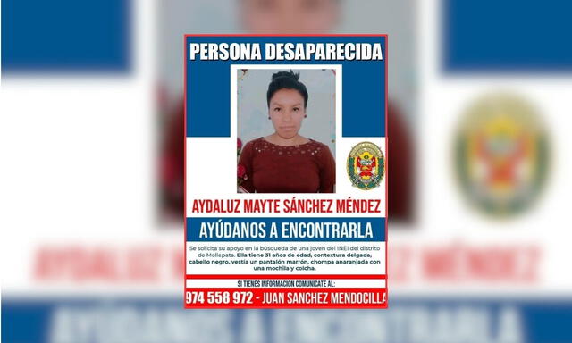 Aviso de desaparición de Aydaluz Mayte Sánchez Méndez en Mollepata, La Libertad.   