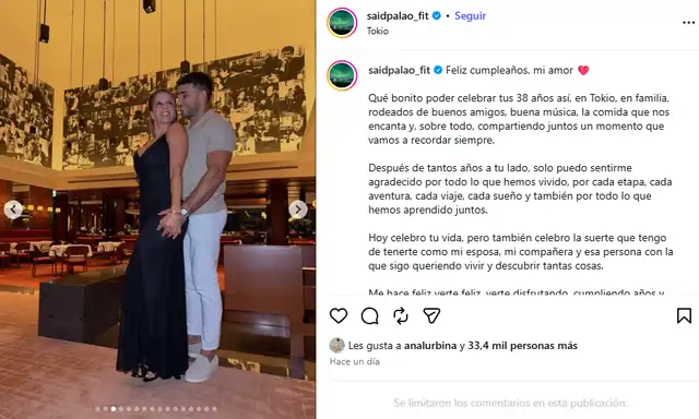 Dedicatoria de Said Palao en el cumpleaños de su esposa Alejandra Baigorria