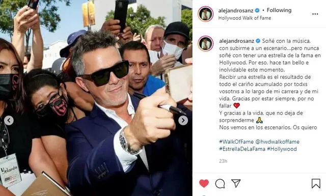 El cantante dedica un mensaje de gratitud a sus seguidores. Foto: @alejandrosanz / Instagram