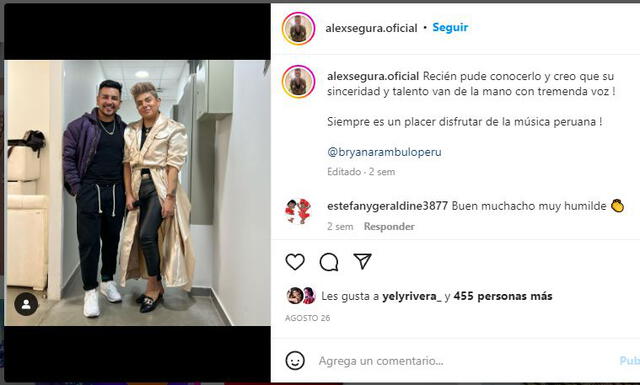 Diseñador Alex Segura conoce a Bryan Arámbulo. Foto: captura/Instagram