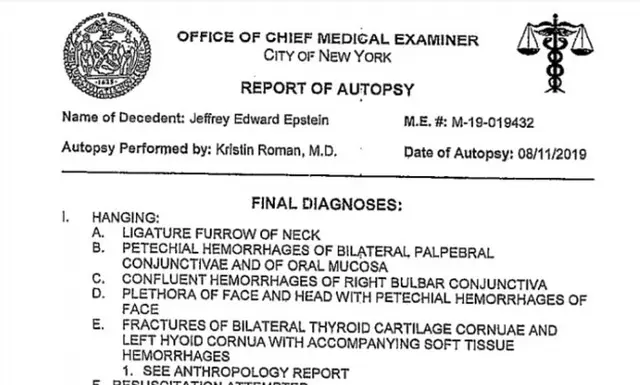 Informe de la autopsia de Jeffrey Epstein. (Foto: Clarín)