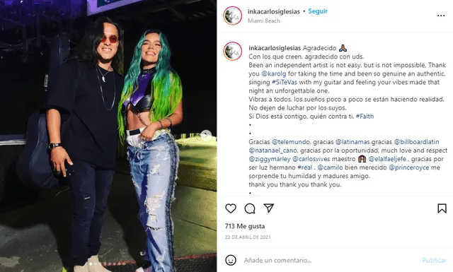 Carlos Iglesias y la 'Bichota' Karol G posaron juntos en los Billboards Latin Music Awards . Foto: Instagram