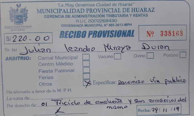 Multa impuesta por la Municipalidad Provincial de Huaraz.