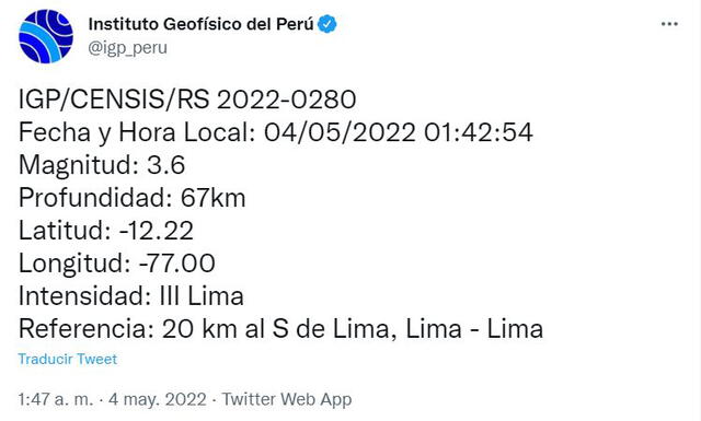 Datos del sismo en Lima. Foto: Twitter IGP