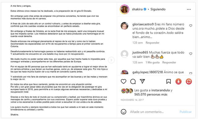 Shakira dejó mensaje en redes sociales.