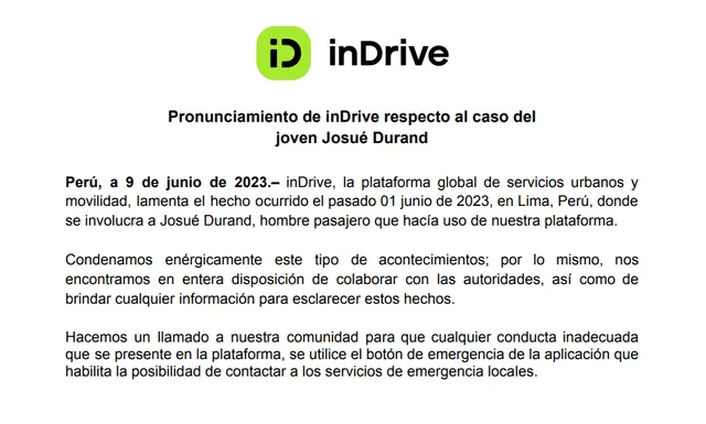 Comunicado de InDrive donde lamenta el secuestro que sufrió un joven. Foto: Indrive   