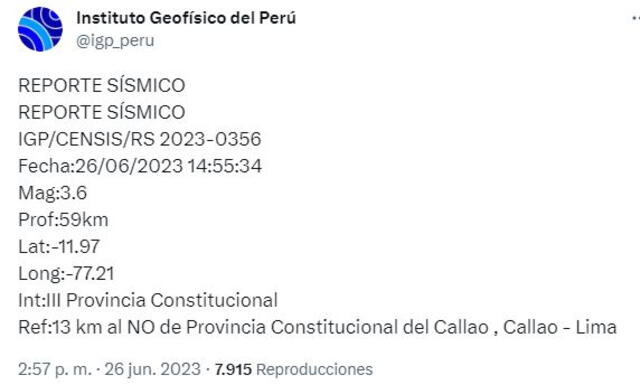 El temblor de hoy, 26 de junio, tuvo una latitud de -11.97. Foto: IGP El temblor de hoy, 26 de junio, tuvo una latitud de -11.97. Foto: IGP